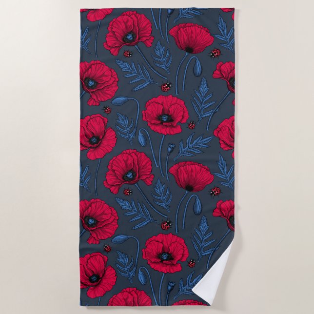 Toalla De Playa Red poppies and ladybugs on dark blue (Anverso)