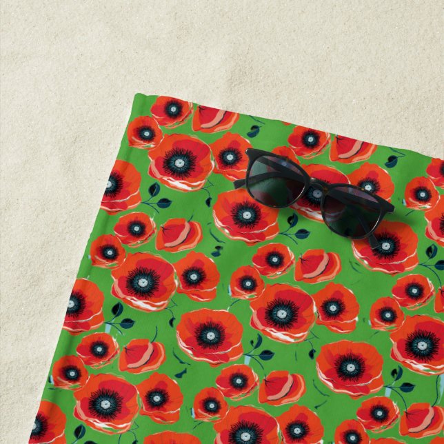 Toalla De Playa Red Poppies Apple Green (In situ)