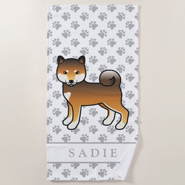 Toalla De Playa Red Sesame Shiba Inu Cartog & Name (Anverso)