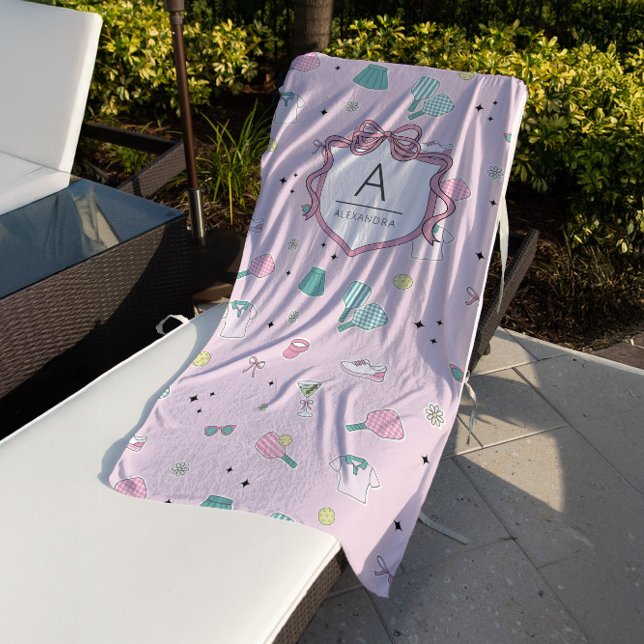 Toalla De Playa Regalo de pickleball con monograma rosa para ella (Subido por el creador)