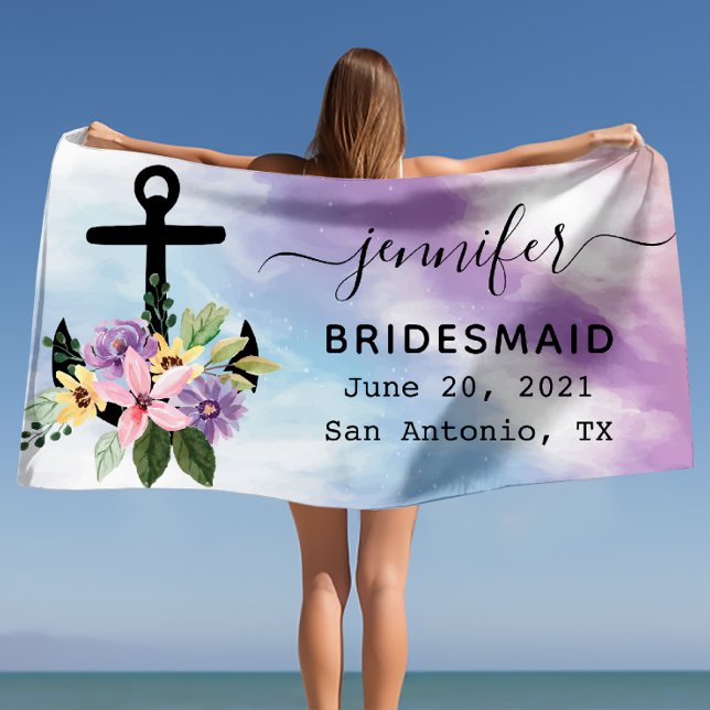 Toalla De Playa Regalo para Damas de Honor en Fiesta de Despedida  (Floral Anchor Bachelorette Party Bridesmaid Gift Beach Towel)