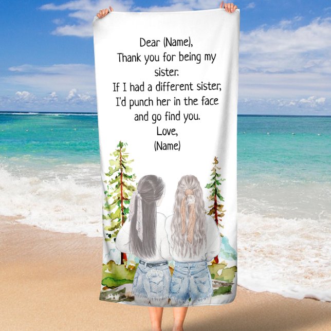 Toalla De Playa Regalo para hermana con mensaje Personalizado (Watercolor Landscape with 2 Girls Custom Message Beach Towel)