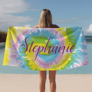 Toalla De Playa Remolino de Tie Dye Amarillo Azul Personalizado Ve