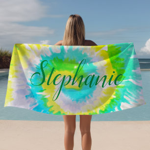 Toalla De Playa Remolino de Tie Dye Amarillo Azul Verde Personaliz