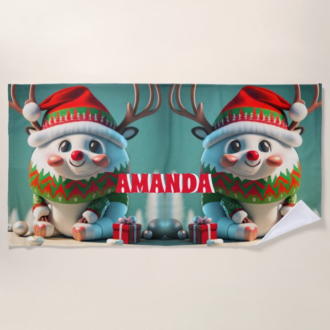 Toalla De Playa Renos Feliz Navidad Niños Personalizados (Anverso)