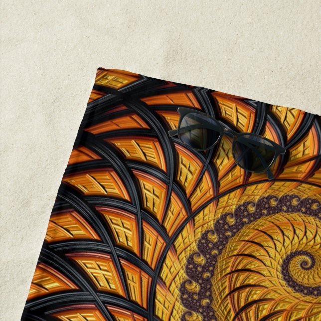 Toalla De Playa Resumen fractal de espiral de oro negro (In situ)