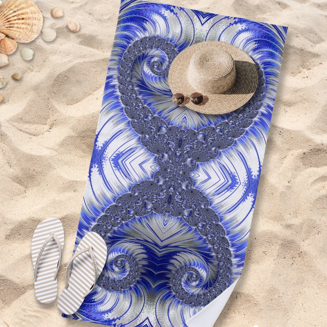 Toalla De Playa Resumen fractal espiral azul y blanco (Subido por el creador)