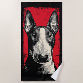Toalla De Playa Retrato audaz de Bull Terrier en fondo rojo