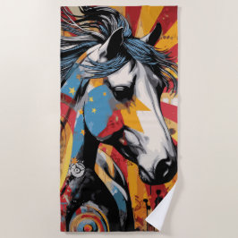 Toalla De Playa Retrato de caballo salvaje en arte pop colorido es