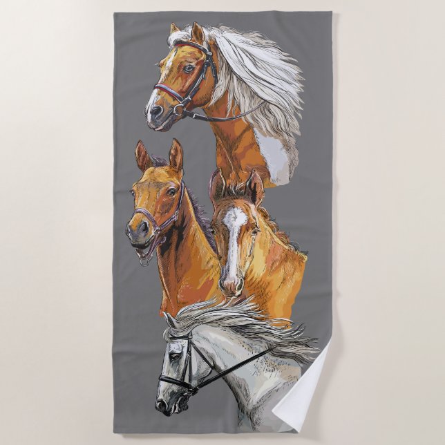 Toalla De Playa Retrato de caballos de dibujo a mano (Anverso)