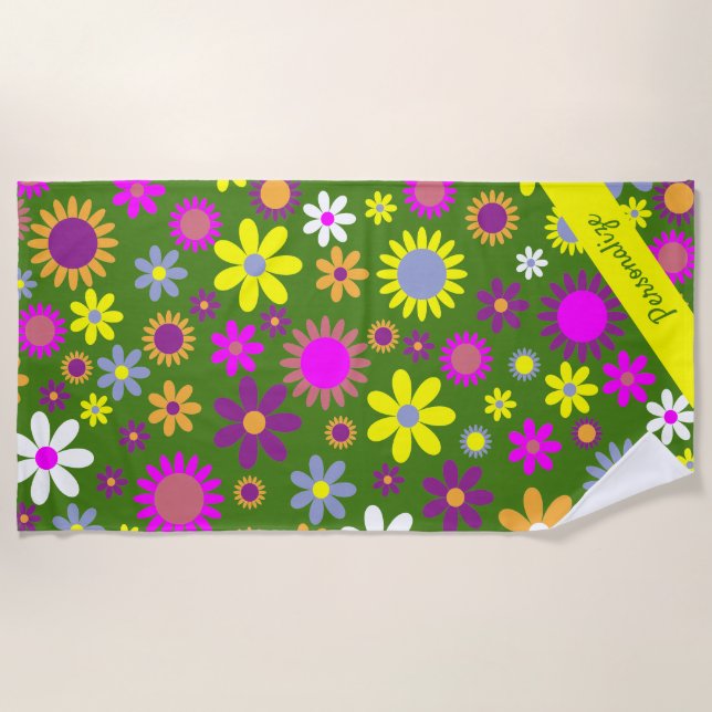 Toalla De Playa Retro 60 Flor verde amarillo amarillo morado nombr (Anverso)