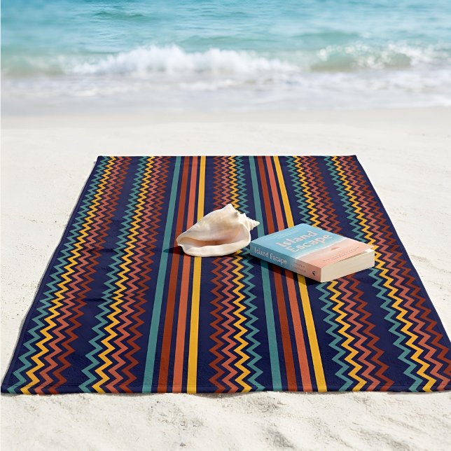 Toalla De Playa Retro 70s Navy Red & Yellow Geometric Stripe (Subido por el creador)