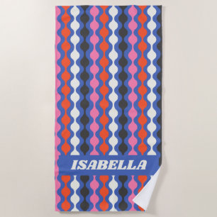 Toalla De Playa Retro Abstract Stripes Blue Pink Nombre personaliz