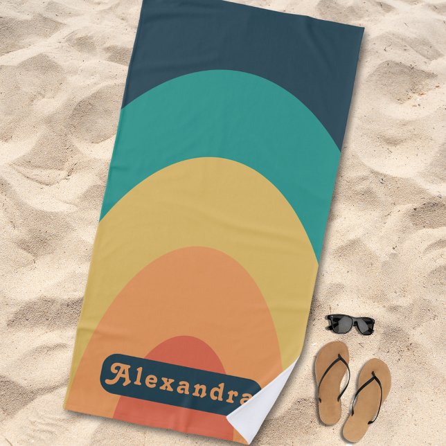 Toalla De Playa Retro Arch Groovy Name (Retro arch groovy typography custom name beach towel blue teal green yellow orange funky 70s vintage)