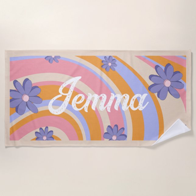 Toalla De Playa Retro, arcoiris, cumpleaños Groovy, playa (Anverso)