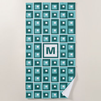 Toalla De Playa Retro Blue Geometric Squares Pattern Monogram