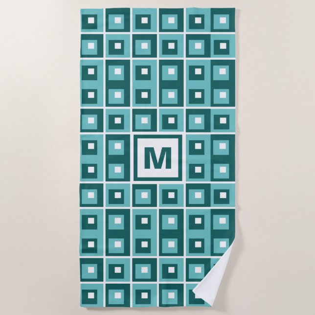 Toalla De Playa Retro Blue Geometric Squares Pattern Monogram (Anverso)