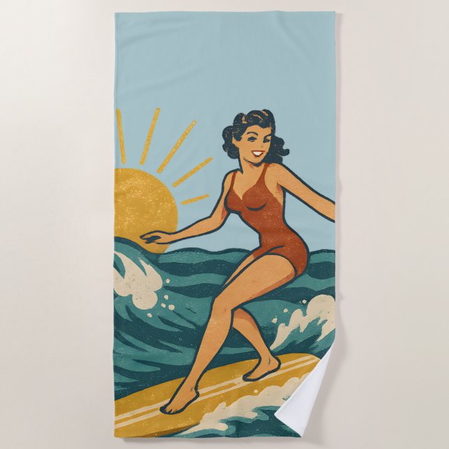 Toalla De Playa Retro California Pin-Up Surfer | Blue Surf Graphic (Anverso)