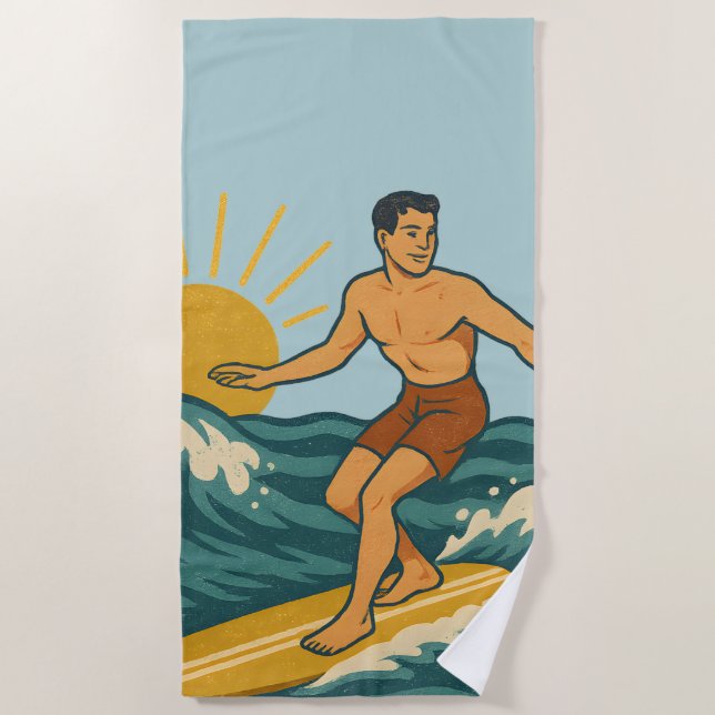 Toalla De Playa Retro California Surfer Blue Coastal Surfing Print (Anverso)