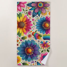 Toalla De Playa Retro Floral Hippie Arcoíris
