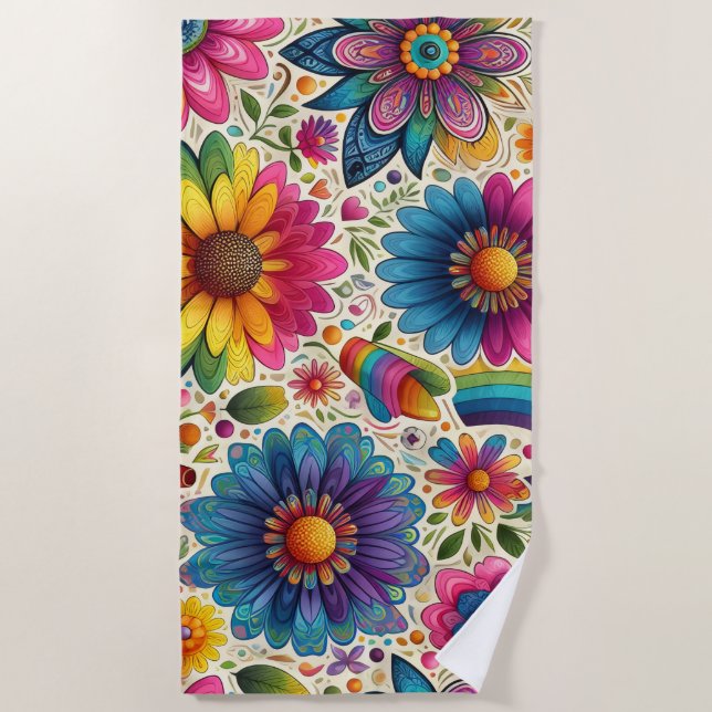 Toalla De Playa Retro Floral Hippie Arcoíris (Anverso)