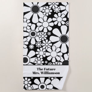 Toalla De Playa Retro Garden Patrón de novia floral blanca y negra