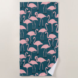 Toalla De Playa Retro Hand-Drawn Flamingo Pattern | Teal Pink