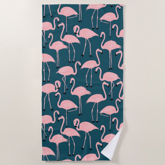 Toalla De Playa Retro Hand-Drawn Flamingo Pattern | Teal Pink (Anverso)