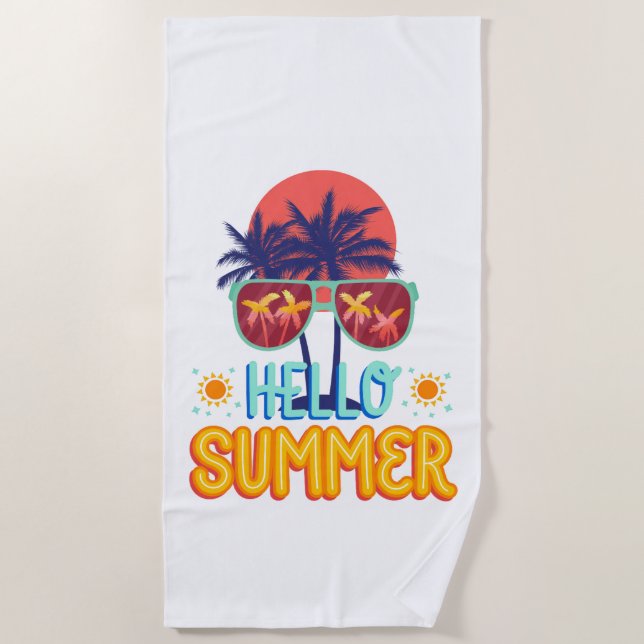 Toalla De Playa Retro Hola Verano Sol y Gafas de Sol Playa (Anverso)