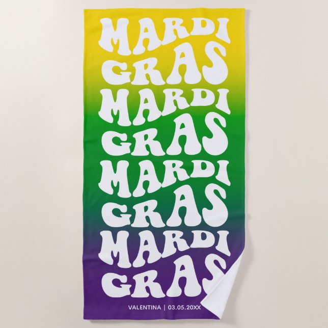 Toalla De Playa Retro Mardi Gras Design Ombre Monogram (Anverso)