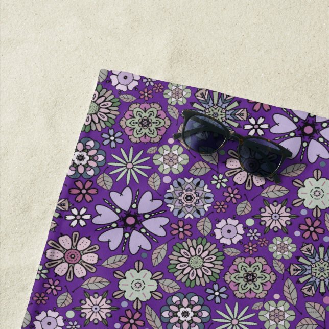 Toalla De Playa Retro Pastel Pink Purple Floral Seamless Pattern (In situ)