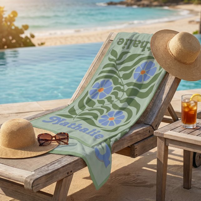 Toalla de Playa Retro Personalizada con Nombre - V (Personalized Retro Beach Towel with Name - Green)