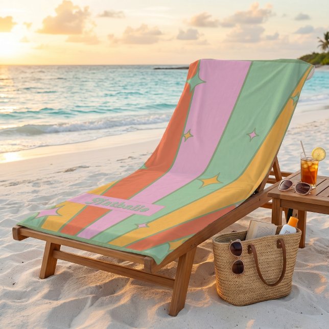 Toalla de Playa Retro Personalizada con Nombre - V (Personalized Retro Beach Towel | Floral Name Gift)