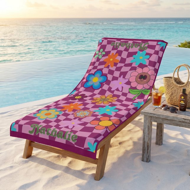 Toalla de Playa Retro Personalizada | Regalo de No (Personalized Retro Beach Towel | Floral Name Gift)