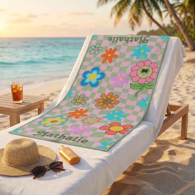 Toalla de Playa Retro Personalizada | Regalo de No (Personalized Retro Beach Towel | Floral Name Gift)