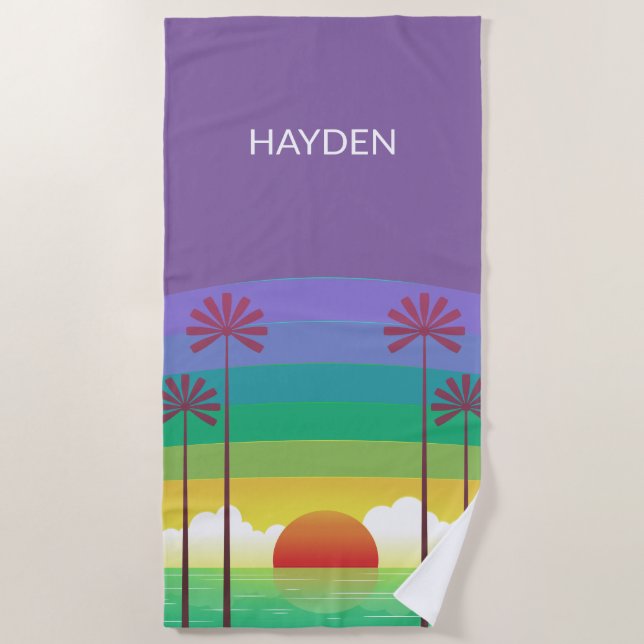 Toalla De Playa Retro Purple Sunset Palm Trees Art Personalised (Anverso)