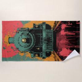 Toalla De Playa Retro Steam Train Graphic with Bold Sunset Colors