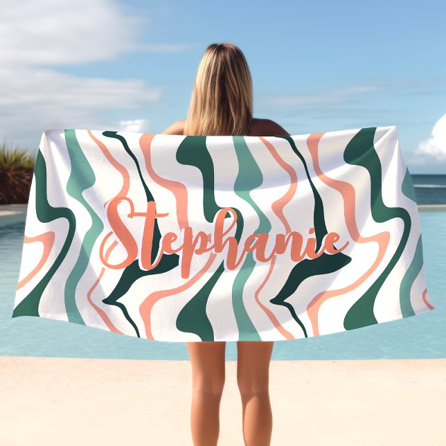 Toalla De Playa Retro Swirl Abstract Wave Peach Mint Nombre person (Subido por el creador)