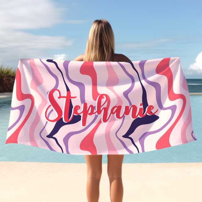Toalla De Playa Retro Swirl Abstract Wave Pink Purple Custom Name (Subido por el creador)