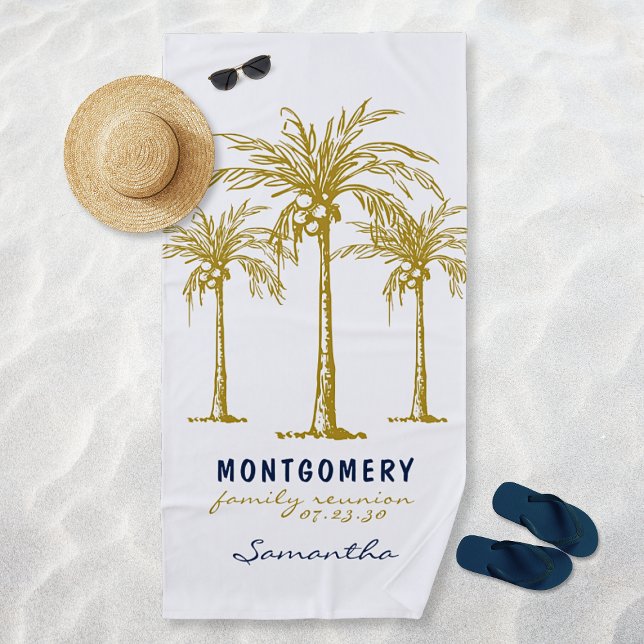 Toalla De Playa Reunión familiar Personalizado de palmeras de oro  (Tropical Gold Palm Trees Custom Family Reunion Beach Towel)