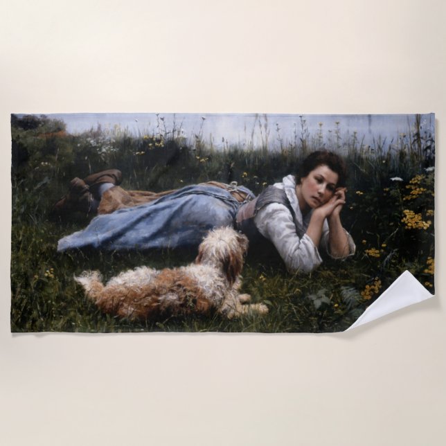 Toalla De Playa Reverie (Chica que yace en la hierba con su perro) (Anverso)