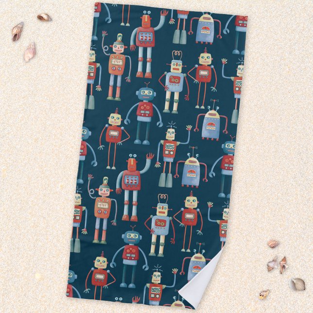 Toalla De Playa Robots estilo retro de los años 1950 (Retro robots fun beach towel)