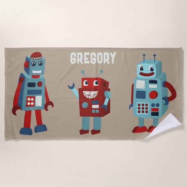 Toalla De Playa Robots personalizados retro-ciencia ficción (Anverso)