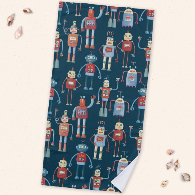 Toalla De Playa Robots Retro de los 50 (Retro robots fun beach towel)