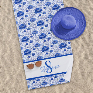 Toalla De Playa Rococo Blue Floral Elegance Monograma Nombre