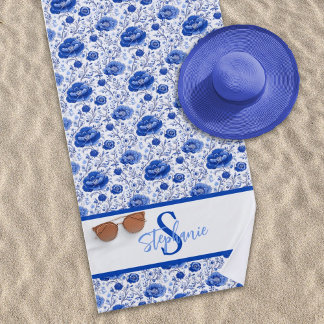 Toalla De Playa Rococo Blue Floral Elegance Monograma Nombre