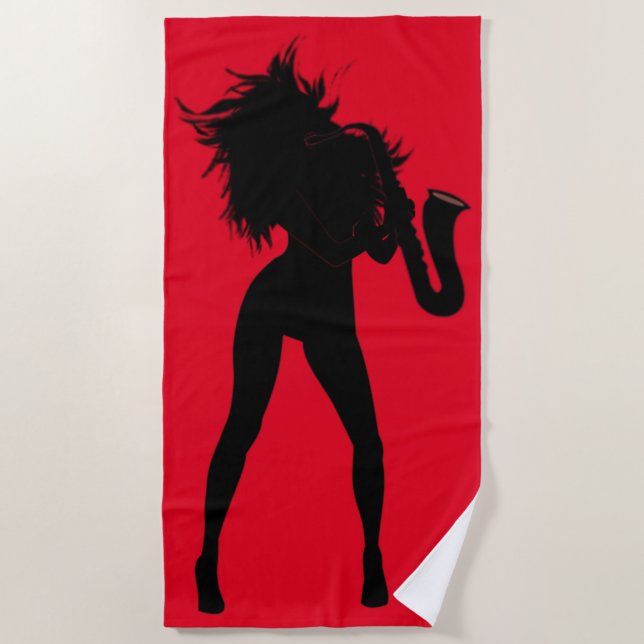 Toalla de playa roja con mujer saxofonista (Anverso)