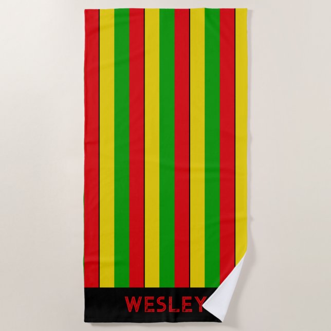 Toalla De Playa Rojo Amarillo y Verde Rasta Rayado (Anverso)
