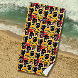 Toalla De Playa Rojo negro abstracto de cabezas en amarillo