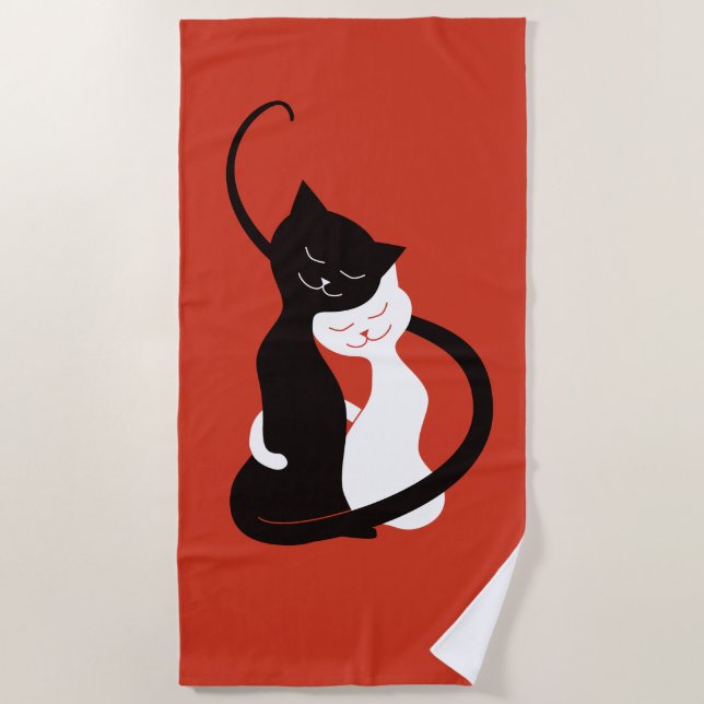 Toalla De Playa Rojo que abraza gatos del amor (Anverso)
